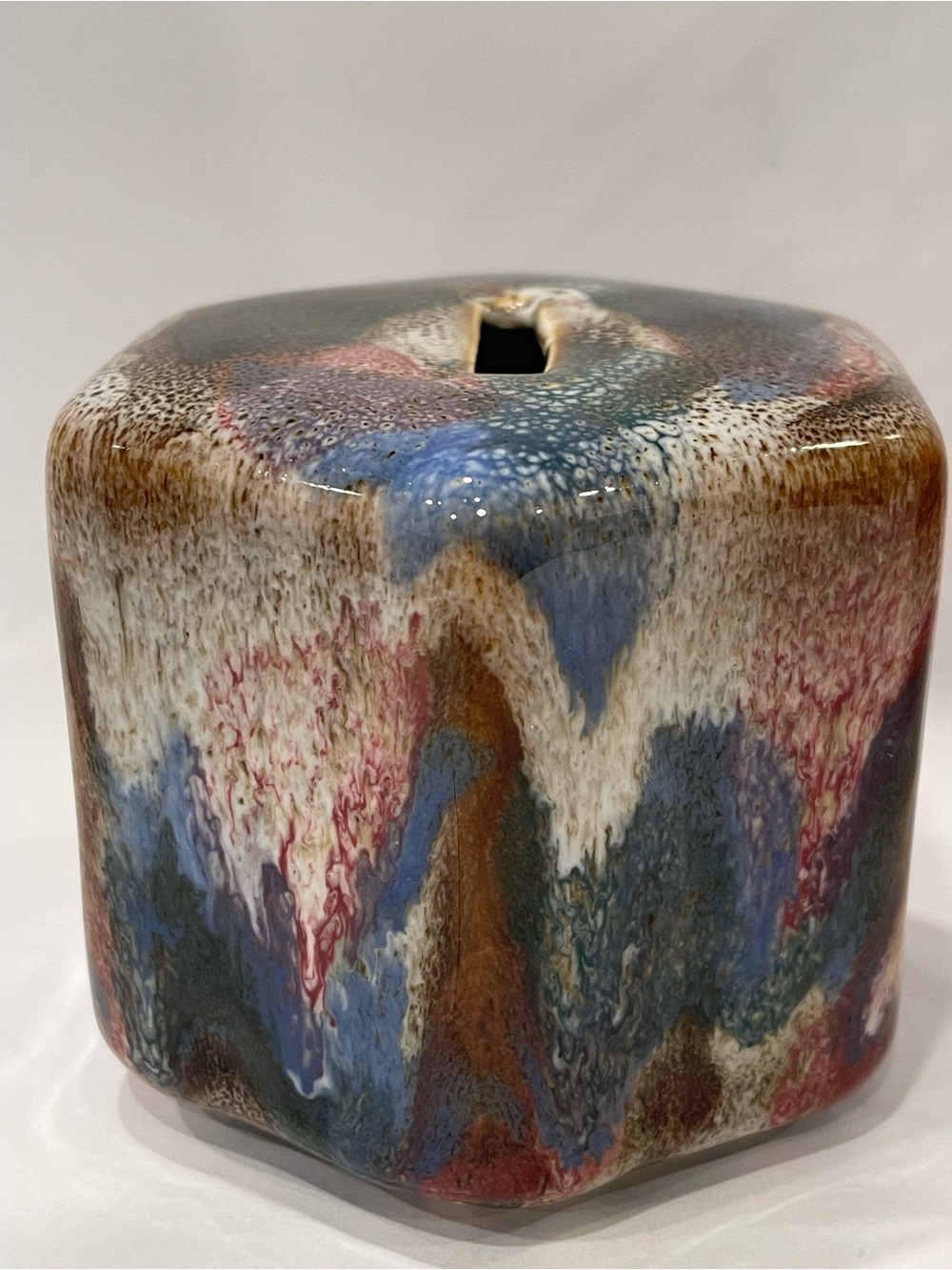 Artisan Handmade Mini hexagonal ceramic coin bank glossy-multicolor Drip Glaze